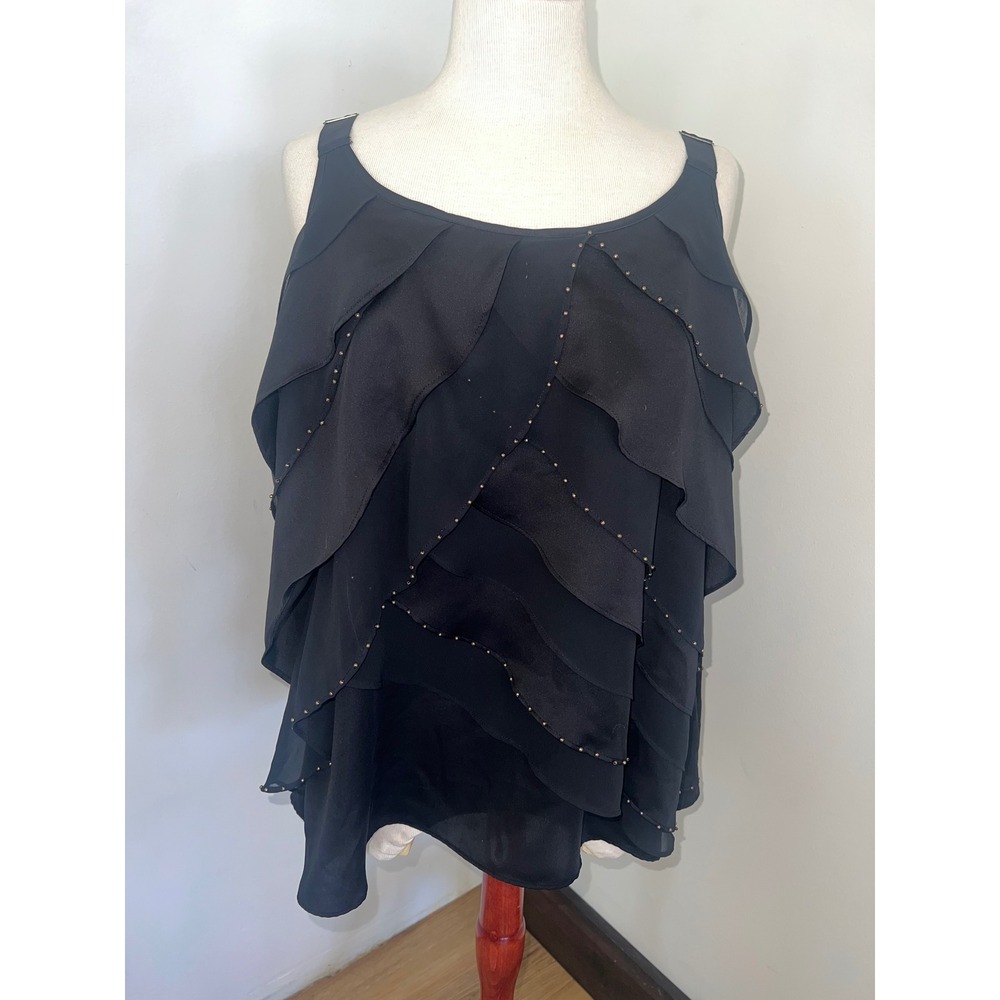 Black Tiered Ruffle Tank Top Sleeveless Blouse Gold Beaded Trim Adj Straps Sz 16